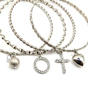 Silver Tone Twisted‎ Bangle Set Charm Bracelets Ball Cross Heart Circle 9 inches
